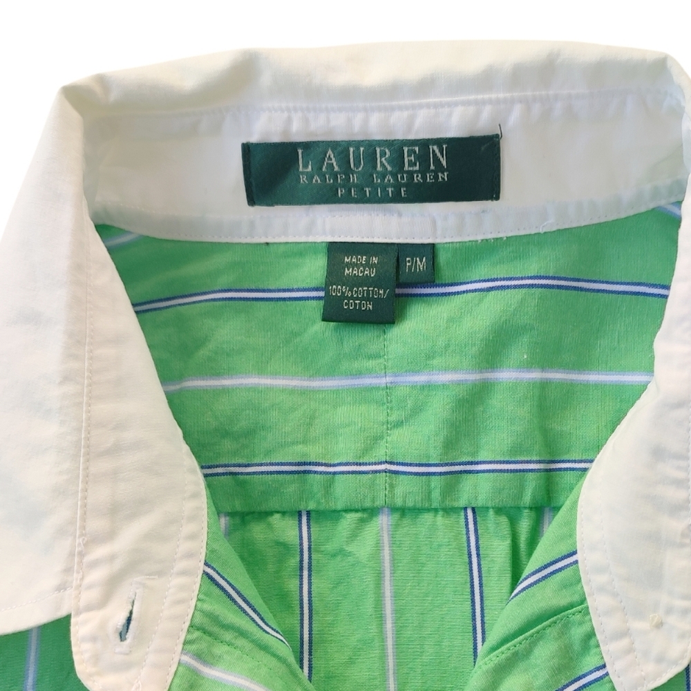 Ralph Lauren Green and White Striped  Button Down Shirt 100% Cotton Petite Mediu - Picture 2 of 9